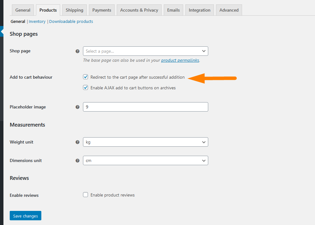 redirect to cart WooCommerce settings