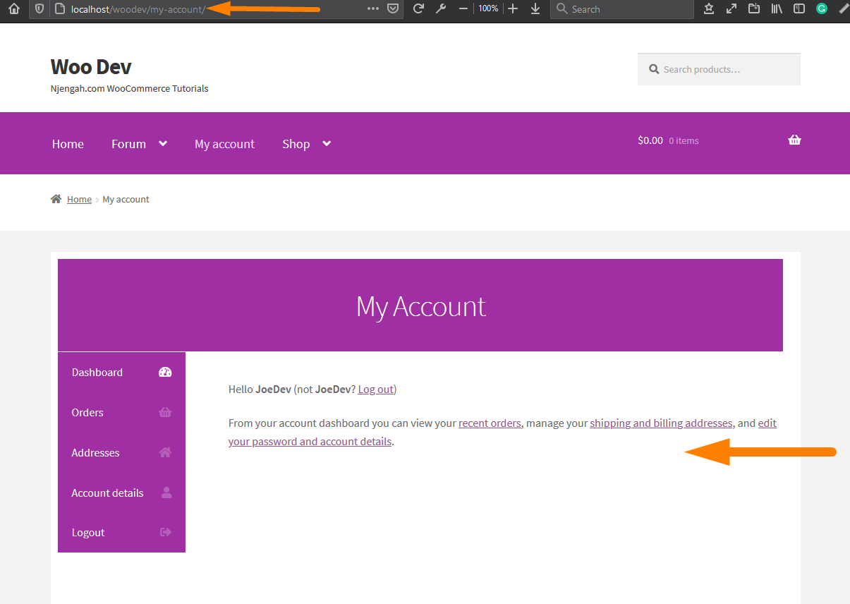 create my account page WooCommerce example