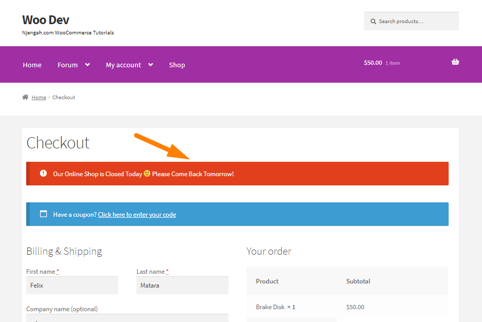 disable woocommerce checkout