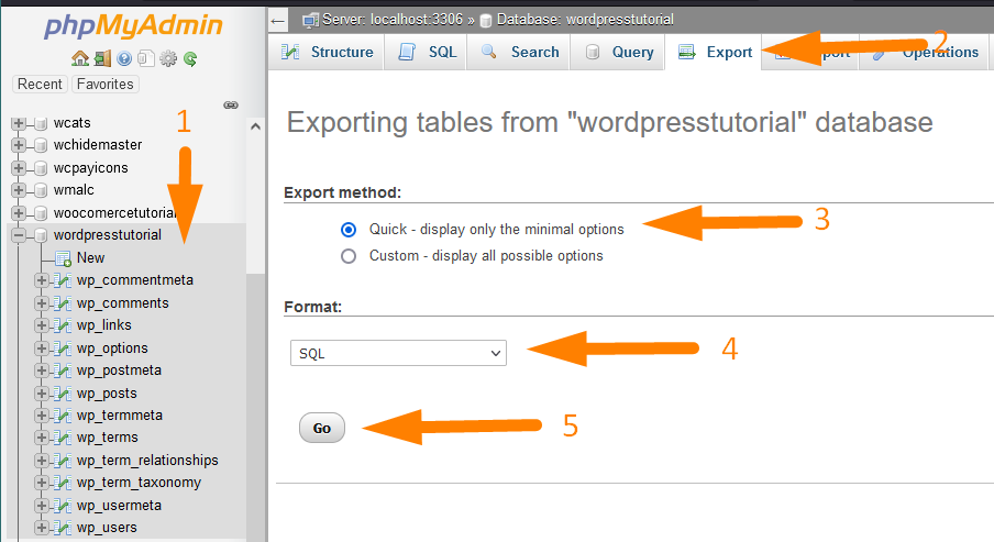 WordPress Database Export - Export