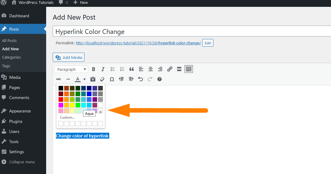 how to change hyperlink color in wordpress
